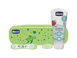 CHICCO Set zubní kartáček a pasta s fluorem v pouzdře Always Smiling zelená 12m+